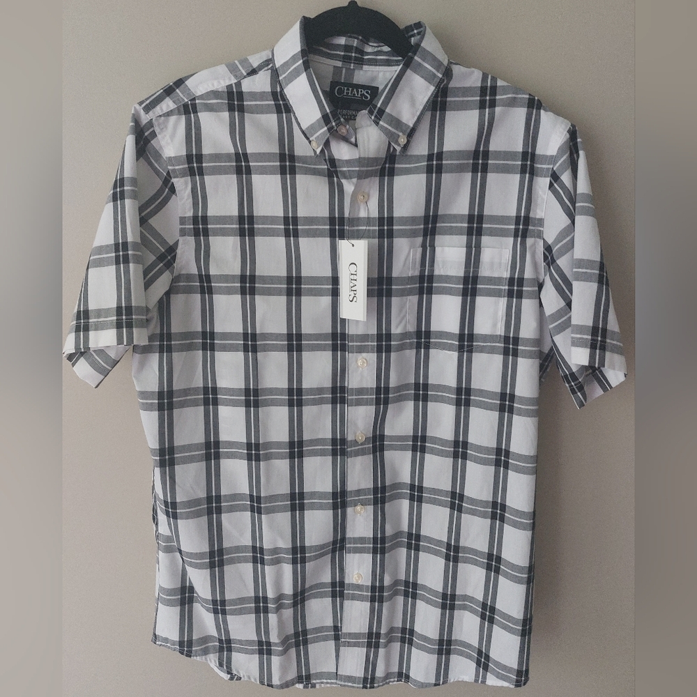 Chaps white+black plaid short sleeve button down shirt. Medium M NWT